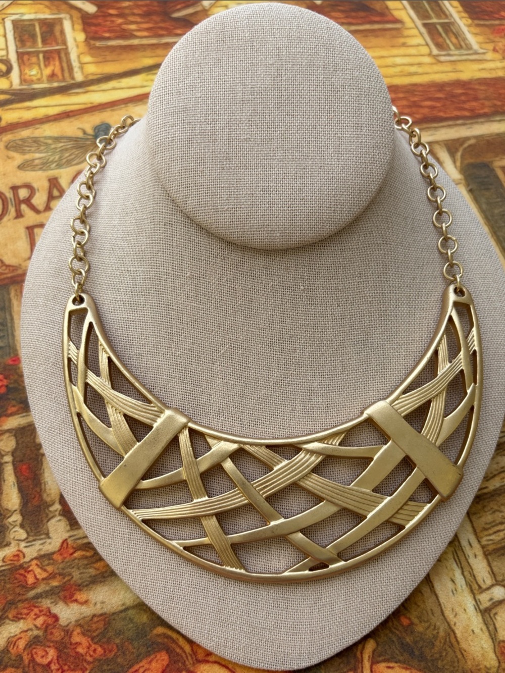 Chico's Gold Woven Lattice Statement Necklace